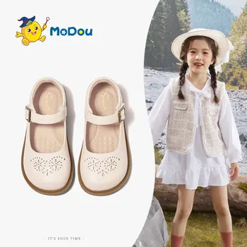 Детская Кожаная обувь для девочек Mo Dou /Коллекция 2023 года, Осенняя Модная обувь для девочек с мягкой подошвой в Британском Стиле, Удобная подкладка, Нескользящая подошва