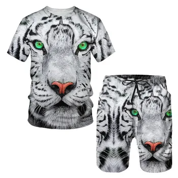 Летние Мужские футболки с 3D принтом Тигра + шорты, костюм для бега, спортивный костюм для бега, крутая одежда для пары с животным рисунком, комплект спортивной одежды из двух предметов