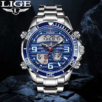 Модные часы для мужчин LIGE Business Man Водонепроницаемые кварцевые наручные часы с двойным дисплеем времени Мужские Роскошные часы из нержавеющей стали