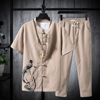 (Рубашка + брюки) 2022 летняя мужская рубашка с принтом, Мужские хлопчатобумажные рубашки с коротким рукавом, мужские повседневные рубашки с эластичной талией, размер от M до 5XL